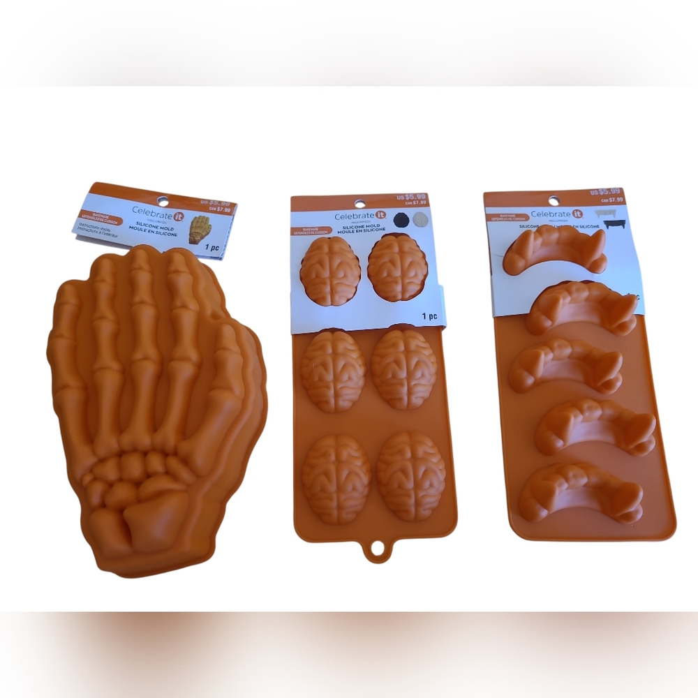 NWT Jello Candy Molds Skeleton Hand Brains And Vampire Teeth Orange Molds